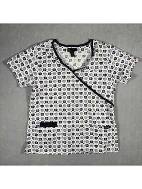 VTG Y2K Apple Bottoms Scrub Top Womens L White Apples Short Sleeve V-Neck Cotton